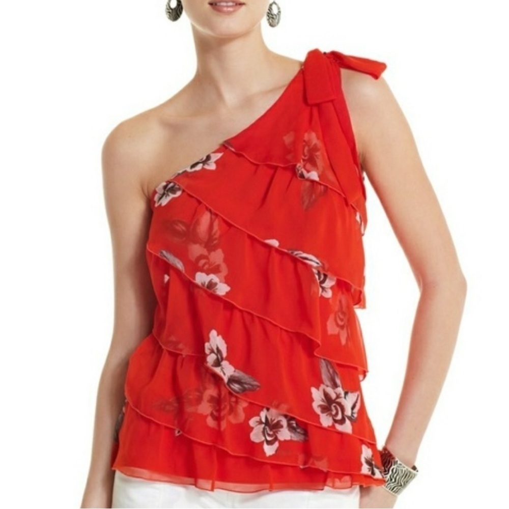 WHBM Gorgeous Red & Floral One Shoulder Layered Blouse Size Small